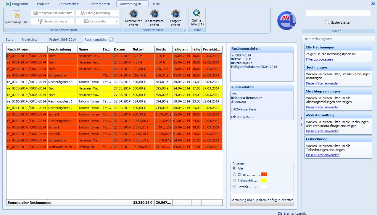 Rechnungen erstellen Branchensoftware Tischler Elements AV